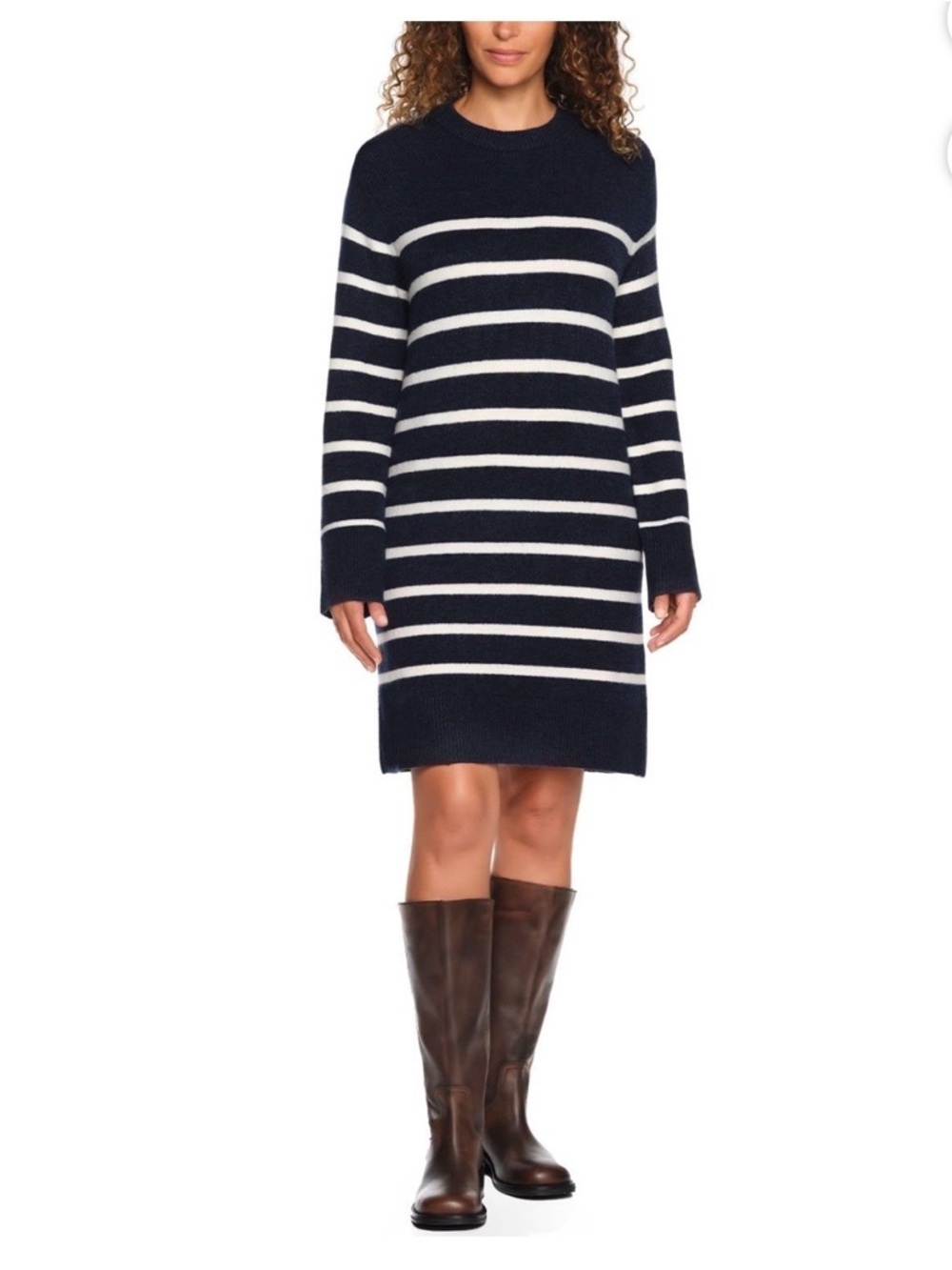 Lands' End Navy and White Striped Long-Sleeve Sweater Dress